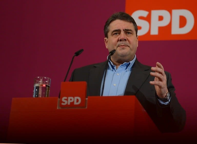 Sigmar Gabriel, chairman of Germany's Social Democratic Party (SPD), addresses the press, January 27, 2013, in Potsdam near Berlin. Germany's opposition Social Democrats mark their 150th birthday Thursday, with French President Francois Hollande as the only foreign speaker and conservative Chancellor Angela Merkel in the audience