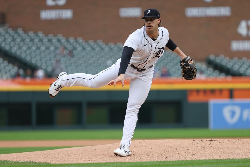 Sawyer Gipson-Long of the Detroit Tigers throws a first-inning pitch against the Kansas City Royals at Comerica Park on September 28, 2023 in Detroit, Michigan.