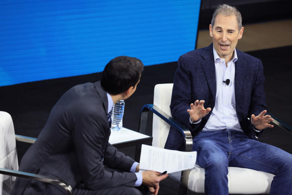 NEW YORK, NEW YORK - NOVEMBER 30: Andrew Ross Sorkin speaks with Amazon CEO Andy Jassy during the New York Times DealBook Summit in the Appel Room at the Jazz At Lincoln Center on November 30, 2022 in New York City. The New York Times held its first in person DealBook Summit since the start of the coronavirus (COVID-19) pandemic with speakers from the worlds of financial services, technology, consumer goods, private investment, venture capital, banking, media, public relations, policy, government, and academia.   (Photo by Michael M. Santiago/Getty Images)