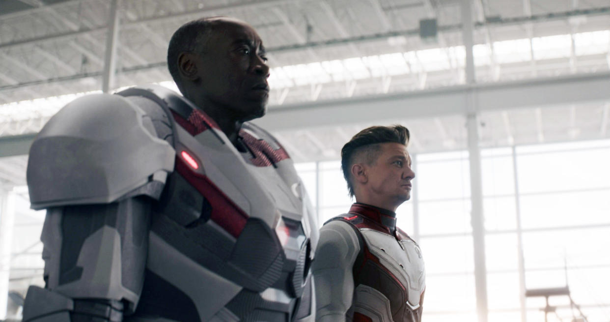 Marvel Studios' AVENGERS: ENDGAME..L to R: War Machine/James Rhodey (Don Cheadle) and Hawkeye/Clint Barton (Jeremy Renner)..Photo: Film Frame..Â©Marvel Studios 2019