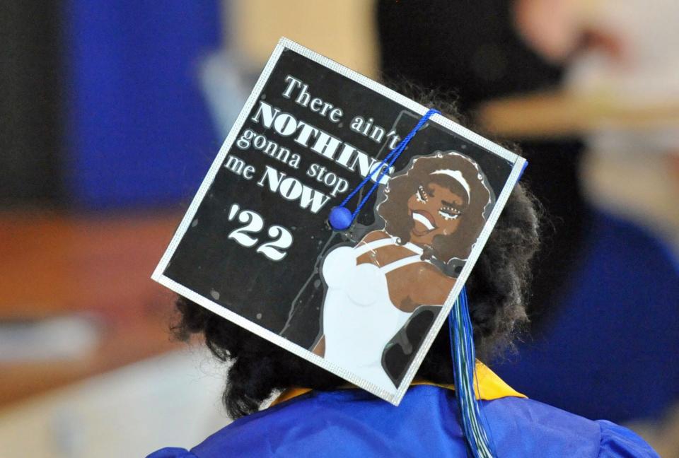 Class Vice President Temia Murray of Randolph expresses her future on her mortar board during the Blue Hills Regional Technical High School graduation in Canton, Tuesday, June 7, 2022. Tom Gorman/For The Patriot Ledger 