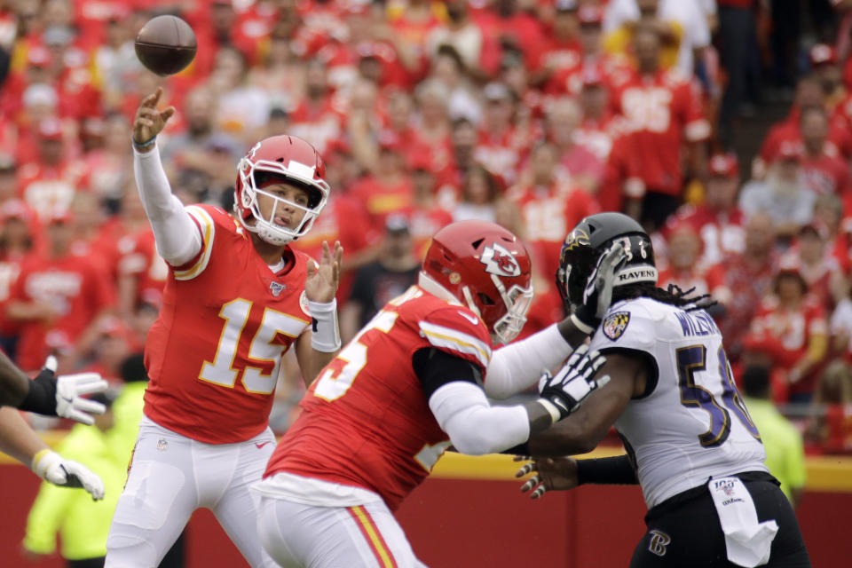 Kansas City Chiefs quarterback Patrick Mahomes (15) will face the Baltimore Ravens on Monday night. (AP Photo/Charlie Riedel)