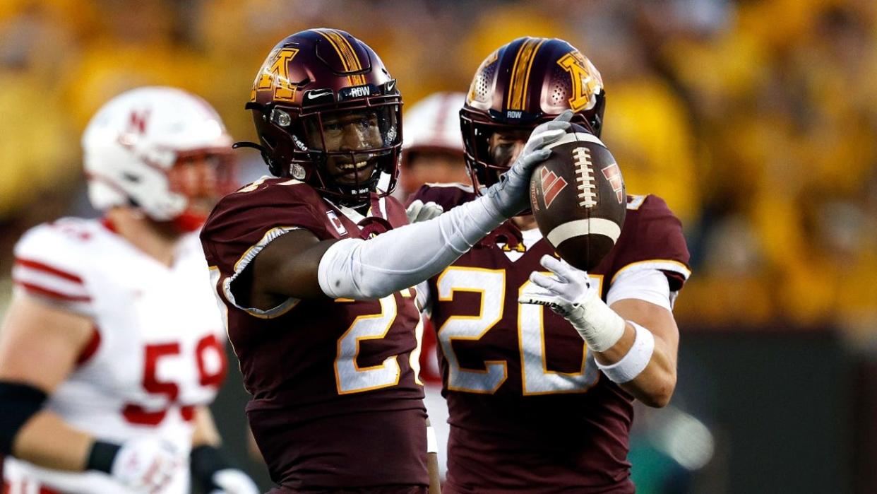 <div>Tyler Nubin #27 of the Minnesota Golden Gophers celebrates his interception against the Nebraska Cornhuskers in the first half at Huntington Bank Stadium on August 31, 2023 in Minneapolis, Minnesota.</div> <strong>((Photo by David Berding/Getty Images))</strong>