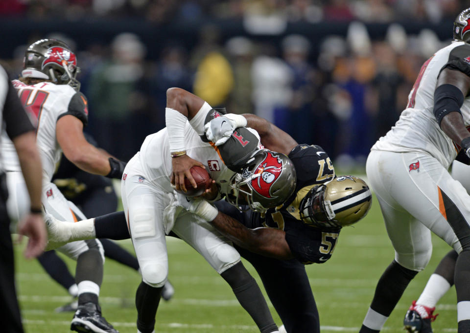 Jameis Winston had a rough day at the hands of the Saints defense. (AP)