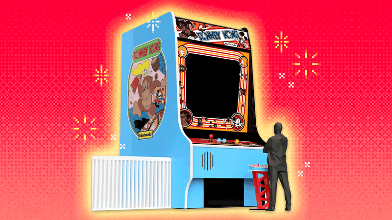 A mockup of The Strong museum's plans for a 20-foot tall Donkey Kong arcade cabinet with a red, pixelated background.