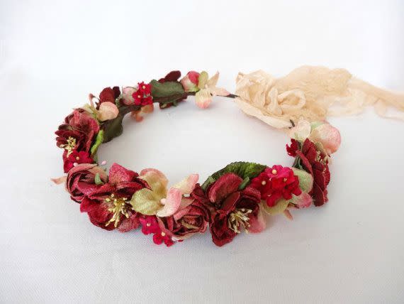 Couronne de fleurs rouge foncé & fuchsia, Boho, 73€