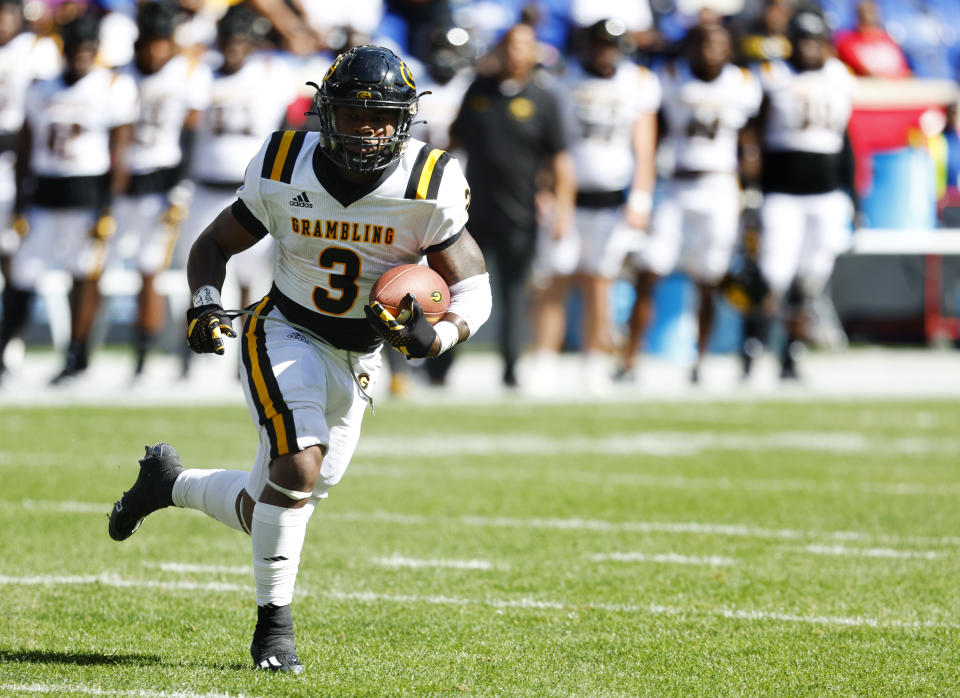 Grambling State running back Floyd Chalk IV (3) rushes against Hampton during the first half of an NCAA college football game, Saturday, Sept. 2, 2023, in Harrison, N.J. (AP Photo/Noah K. Murray)