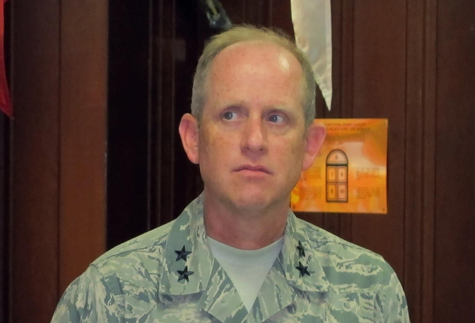 FILE - In this Sept. 7, 2012, file photo, then-Wisconsin Army National Guard Maj. Gen. Don Dunbar listens during a news conference in Milwaukee. The National Guard's headquarters opened an investigation during the fall of 2019 into allegations that Adj. Gen. Donald Dunbar improperly initiated an internal investigation in a sexual assault case even as he was under scrutiny for allegedly mishandling sexual assault complaints, Gov. Tony Evers' office said Tuesday, Jan. 7, 2020. (AP Photo/Dinesh Ramde, File)