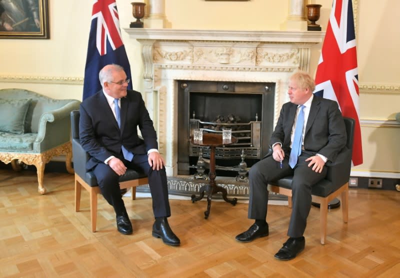 Britain's PM Johnson and Australia's PM Morrison meet ahead of trade deal announcement, in London