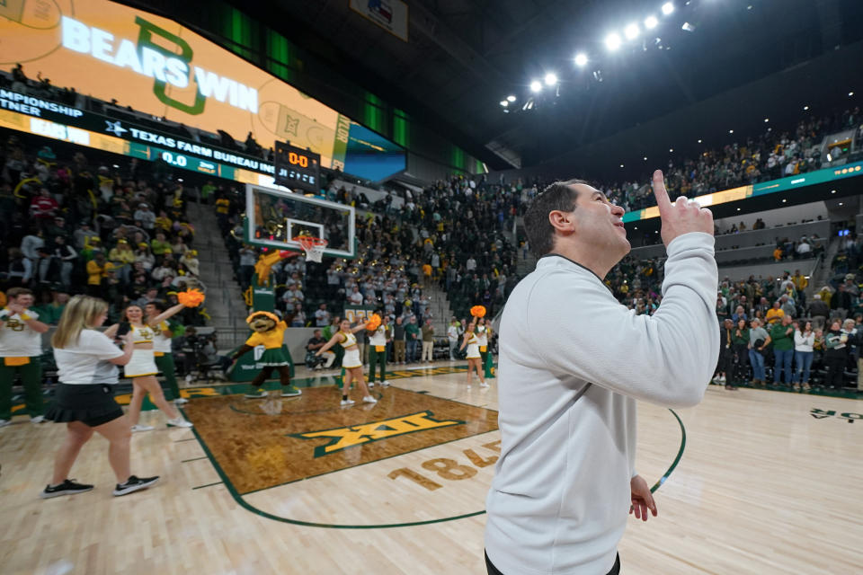 Baylor head coach Scott Drew reacts after an NCAA college basketball game against Cornell, Tuesday, Jan. 2, 2024, in Waco, Texas. Baylor won 98-79. (AP Photo/Julio Cortez)