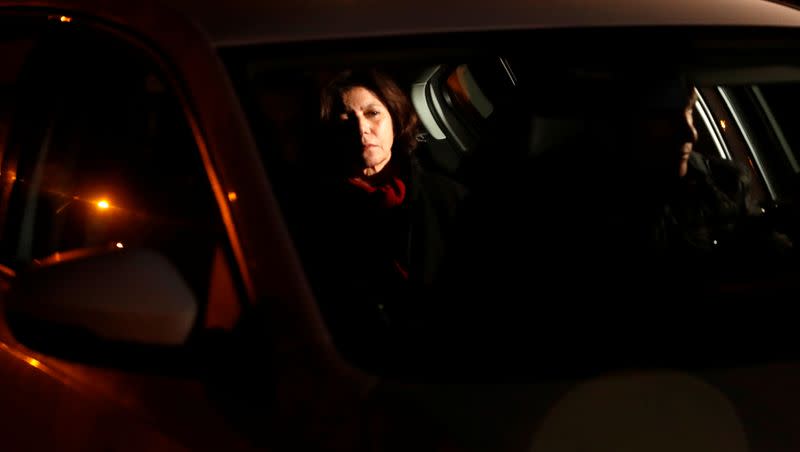 Ayse Bugra, wife of Osman Kavala, Turkish businessman and philanthropist, leaves the restaurant after learning that Istanbul prosecutor's office demanded the detention of her husband, in Silivri