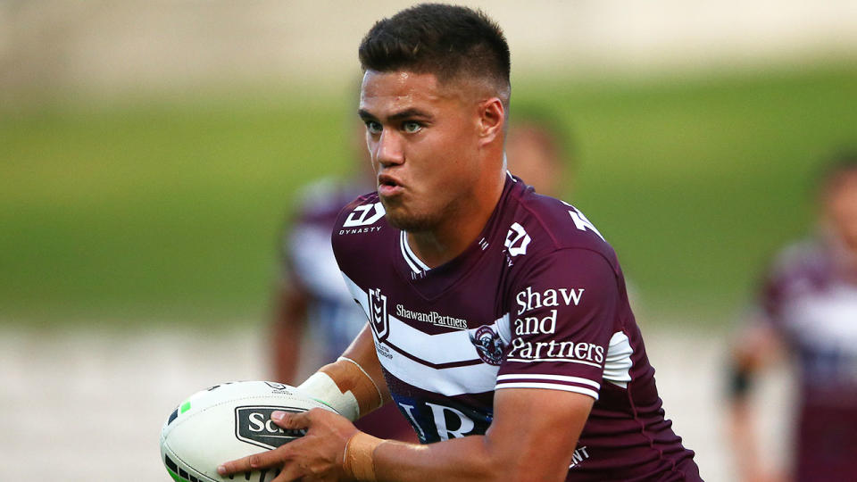 Manly young gun Josh Schuster is pictured here in a trial game for the Sea Eagles.