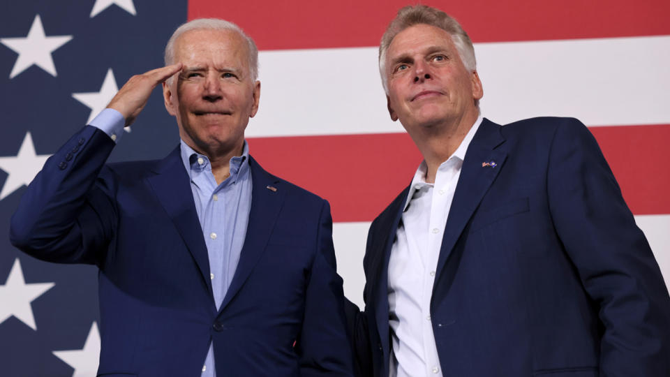 U.S. President Joe Biden participates in a campaign event with candidate for Governor of Virginia Terry McAuliffe, at Lubber Run Park in Arlington, Virginia, U.S., July 23, 2021. (Evelyn Hockstein/Reuters)