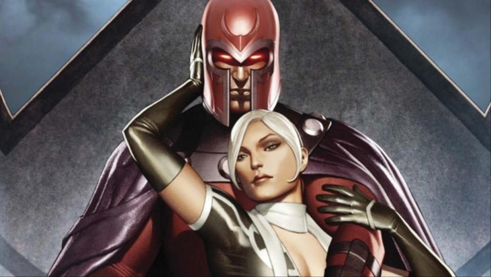 Magneto and Rogue in an embrace, art by Adi Granov.