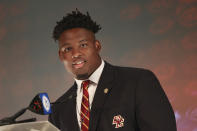 Boston College offensive lineman Zion Johnson answers a question during an NCAA college football news conference at the Atlantic Coast Conference media days in Charlotte, N.C., Thursday, July 22, 2021. (AP Photo/Nell Redmond)