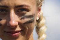 Player Miia Kemppainen of SuoSiat shows her game face before the Swamp Soccer World Championships tournament in Hyrynsalmi, Finland July 13, 2018. Picture taken July 13, 2018. Lehtikuva/Kimmo Rauatmaa/via REUTERS