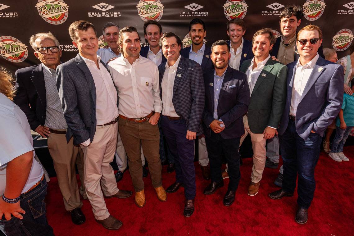 Members of the 2002 Little League World Series team from Fort Worth are photographed together on the red carpet for the world premiere of the movie “You Gotta Believe” outside of the AMC Palace 9 Theatre in downtown Fort Worth on Thursday, Aug. 29, 2024. The film is based on the 2002 Westside Little League baseball team’s run to the World Series, after the team was inspired by a teammate’s father’s cancer diagnosis.