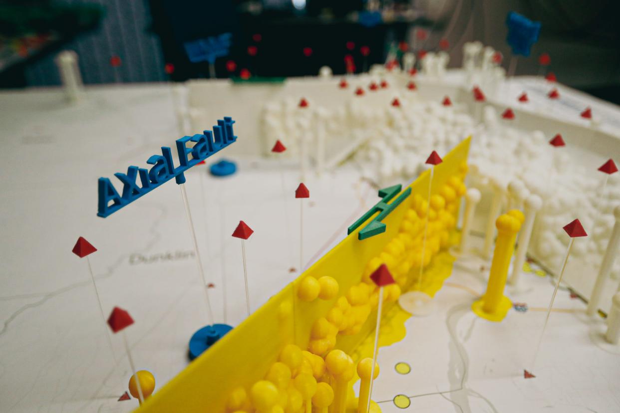 A 3D printed model, created by Dr. Christodoulos Kyriakopoulos with the University of Memphis’ Center for Earthquake Research and Information, demonstrates where the Axial Fault is during the New Madrid 1812 earthquake on Thursday, May 02 2024 at 3890 Central Avenue in Memphis, Tenn.