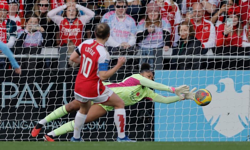 Khiara Keating conceded a first-half penalty but made amends by turning Kim Little’s spot-kick on to the post.