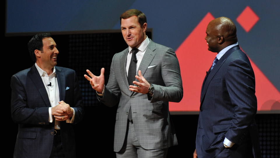 L-R: Joe Tessitore, Jason Witten, and Booger McFarland at ESPN Upfronts on May 15, 2018 in New York City. (Steve Fenn/ESPN Images)