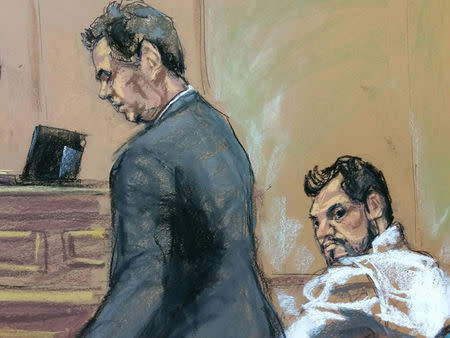 Mehmet Hakan Atilla (R) a deputy general manager of Halkbank, is shown in this court room sketch with his attorney Gerald J. DiChiara as he appears in Manhattan federal court in New York, New York, U.S., March 28, 2017. REUTERS/Jane Rosenberg