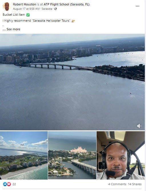 This screen shot of Robert Houston's Facebook, shows him flying above downtown Sarasota in mid- August, just days after Jim Glenn discovered somebody had changed the officers in his company and mortgaged the company's properties for $1.3 million.