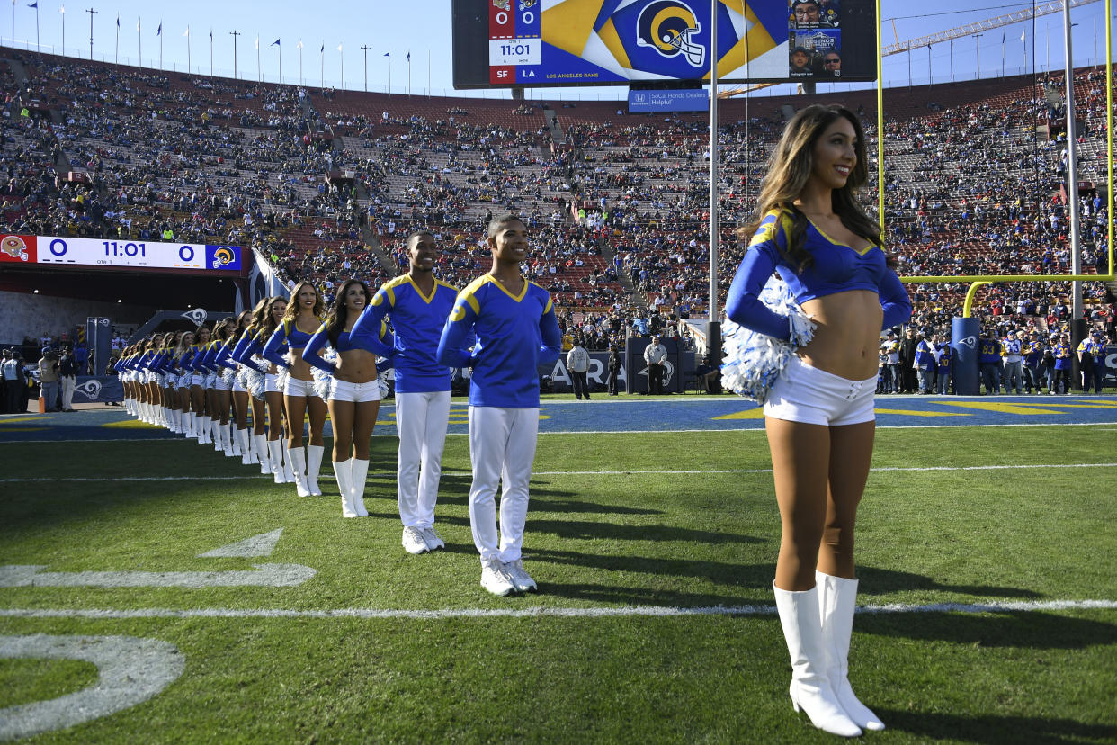 The Rams cheerleaders before this season’s game against the 49ers. (Getty)