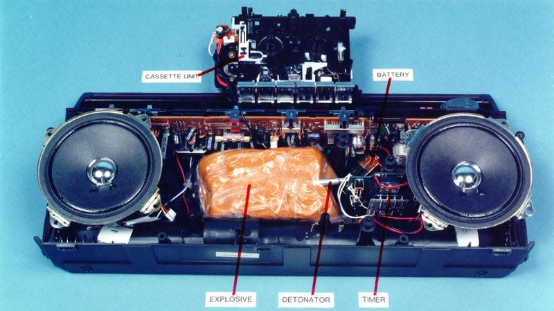 A mock-up of the explosives-loaded Toshiba cassette recorder which blew up Pan Am Flight 103 over Lockerbie in 1988 is displayed on January 31, 2001 in Edinburgh, Scotland. 