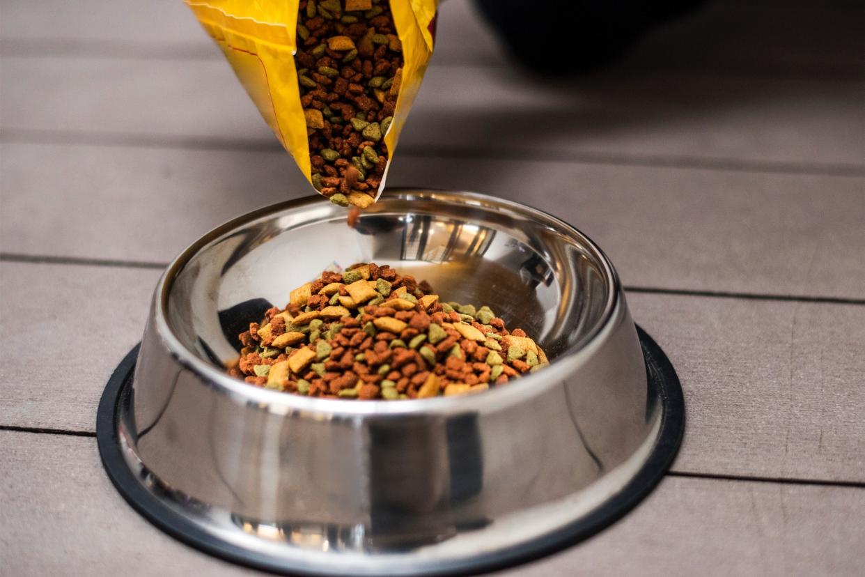 Dry dog food being poured into a stainless steel bowl on floor