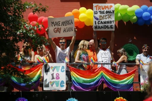 Anti-Trump signs at the 2018 Gay Pride parade in New York