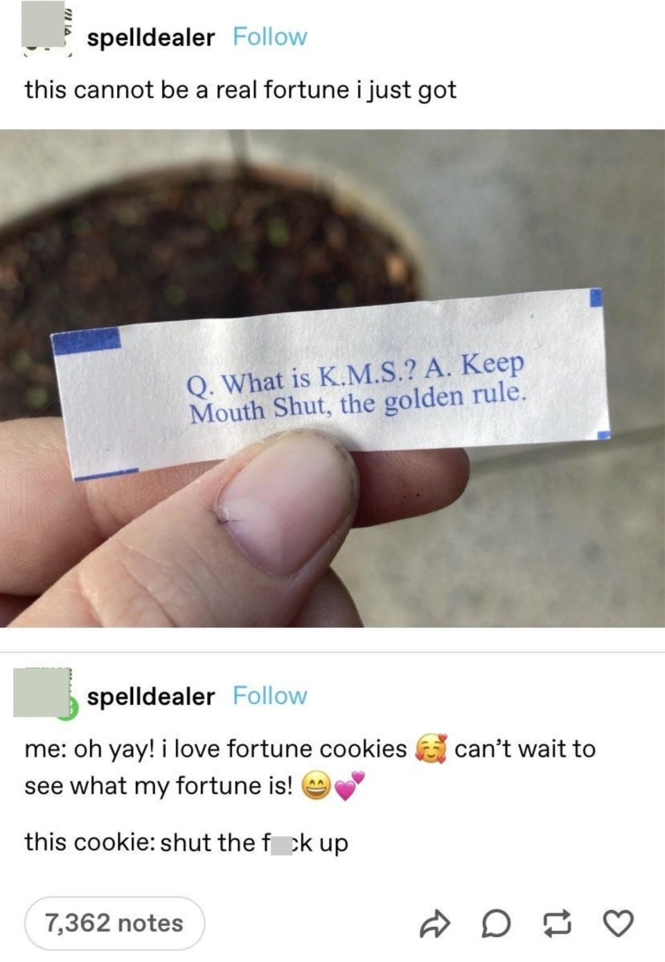 Person can't believe they got a fortune cookie that says "KMS means Keep Mouth Shut, the golden rule" and they describe it as "Oh yay, I love fortune cookies, can't wait to see what my fortune is" and "This cookie: Shut the fuck up"