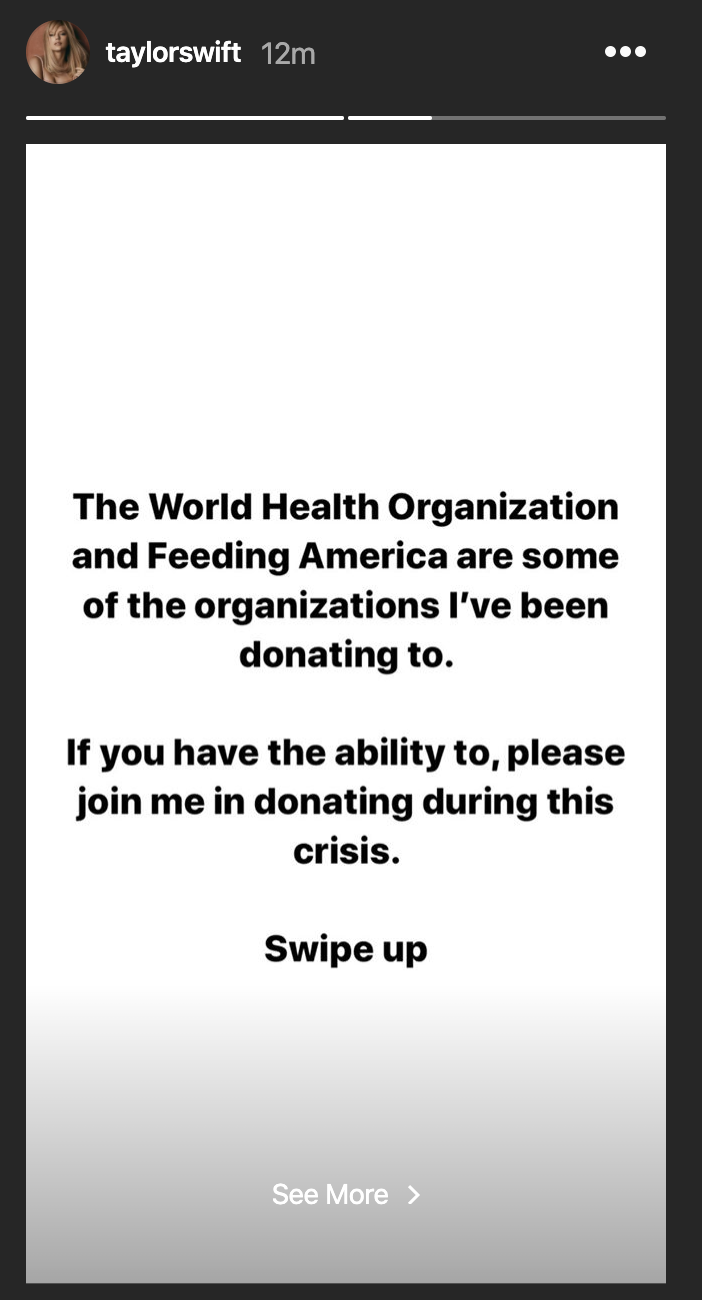 Taylor Swift is encouraging people to donate to the World Health Organization. (Photo: Instagram)