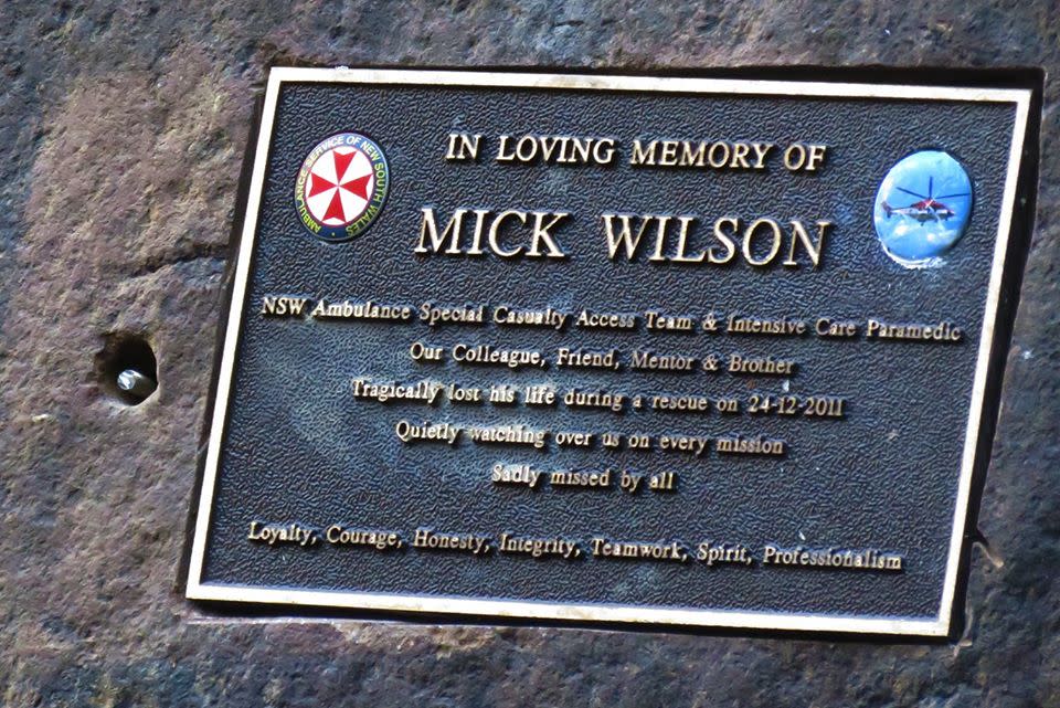 A plaque remembering NSW paramedic Mick Wilson.