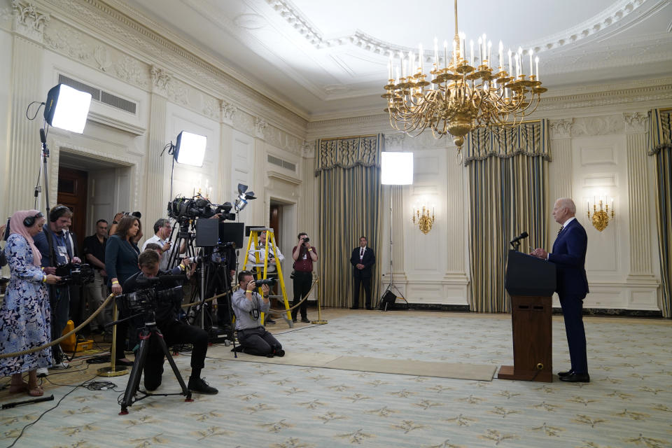 President Joe Biden speaks about reaching 300 million COVID-19 vaccination shots, in the State Dining Room of the White House, Friday, June 18, 2021, in Washington. (AP Photo/Evan Vucci)