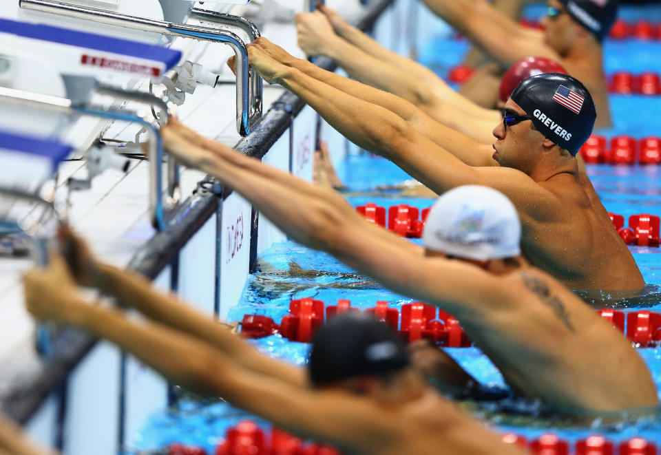 LONDON, ENGLAND - JULY 30: Matt Grevers of the United States prepares for the start of the Final of the Men's 100m Backstroke on Day 3 of the London 2012 Olympic Games at the Aquatics Centre on July 30, 2012 in London, England. (Photo by Al Bello/Getty Images)