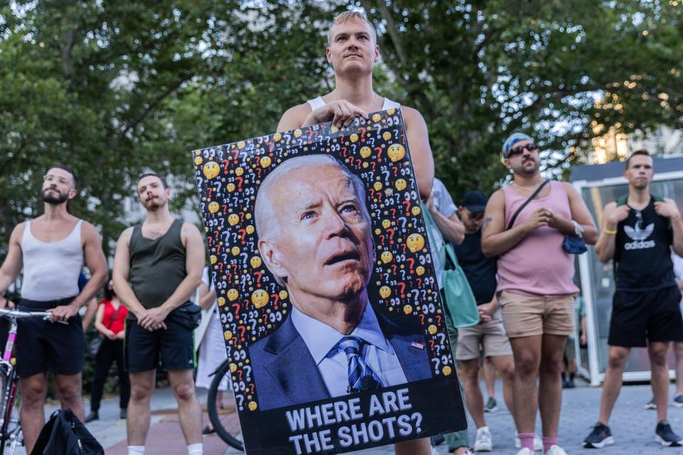 People protest during a rally calling for more government action to combat the spread of monkeypox at Foley Square on July 21, 2022, in New York City. At least 267 New Yorkers have tested positive for monkeypox, a virus similar to smallpox but with milder symptoms.