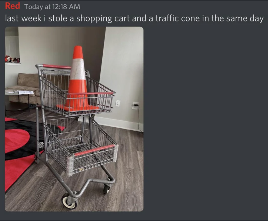 "last week I stole a shopping cart and a traffic cone on the same day."