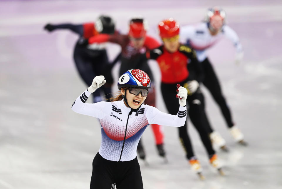 <p>Minjeong Choi of South Korea celebrates after winning the Women’s 1500m Final during the Short Track Speed Skating on day eight of the PyeongChang 2018 Winter Olympic Games at Gangneung Ice Arena on February 17, 2018 in Gangneung, South Korea. (Photo by Ian MacNicol/Getty Images) </p>