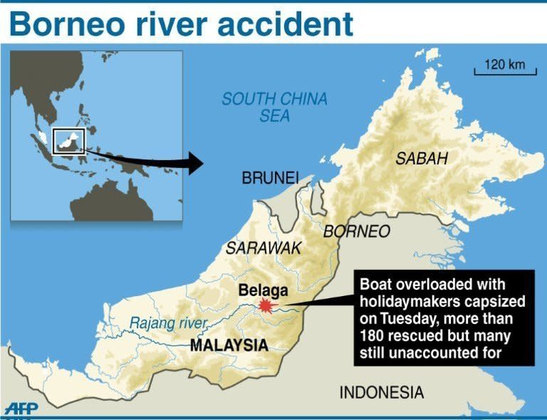 Graphic showing the area in Malaysia's Borneo island where a boat overloaded with holidaymakers capsized on Tuesday