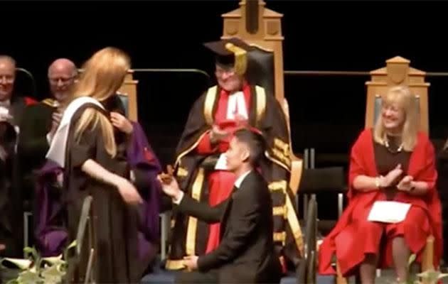 This guy thought his shy girlfriend's graduation ceremony would be the perfect moment to pop the question. Photo: University of Aberdeen/YouTube