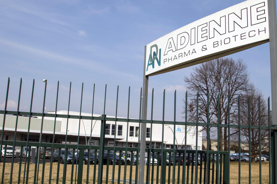 A view of the Adienne Srl plant pharmaceutical company in Caponago, near Milan, Italy, Tuesday, March 9, 2021. Russia signed a deal to produce 10 million doses of the Sputnik V coronavirus vaccine in Italy this year. The deal was announced by the Italian-Russian chamber of commerce and signed by Adienne Srl, the Italian subsidiary of a Swiss-based pharmaceutical company and the Russian Direct Investment Fund. (AP Photo/Alberto Pellaschiar)