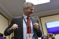 FILE - In this Nov. 30, 2018 file photo, then Rep.-elect Anthony Brindisi, D-N.Y., reacts after drawing his number during the Member-elect room lottery draw on Capitol Hill in Washington. The U.S. Chamber of Commerce has decided to endorse 23 freshmen House Democrats in this fall’s elections. The move represents a gesture of bipartisanship by the nation's largest business organization, which has long leaned strongly toward Republicans. (AP Photo/Susan Walsh)