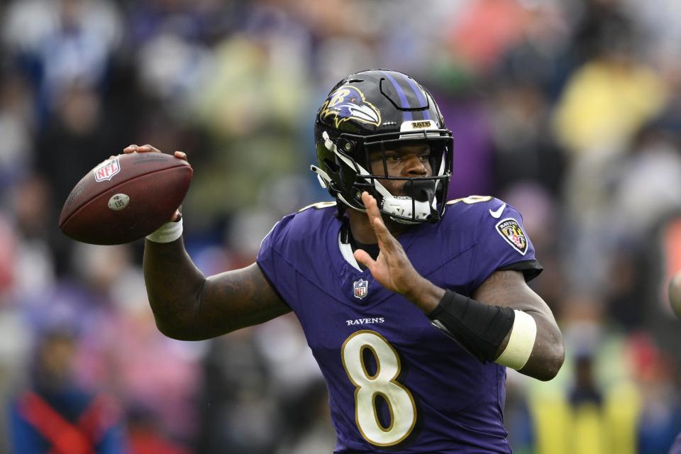 Baltimore Ravens quarterback Lamar Jackson throws during the second half of an NFL football game against the Indianapolis Colts, Sunday, Sept. 24, 2023, in Baltimore. (AP Photo/Nick Wass)