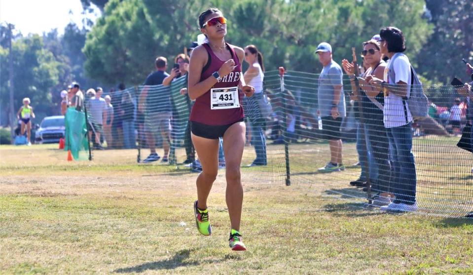 Matilda Torres High senior Sophia Mirelez won the small school varsity girls race at the 20th Golden Eagle Invitational at Woodward Park in Fresno. Her time was 19:42.6.