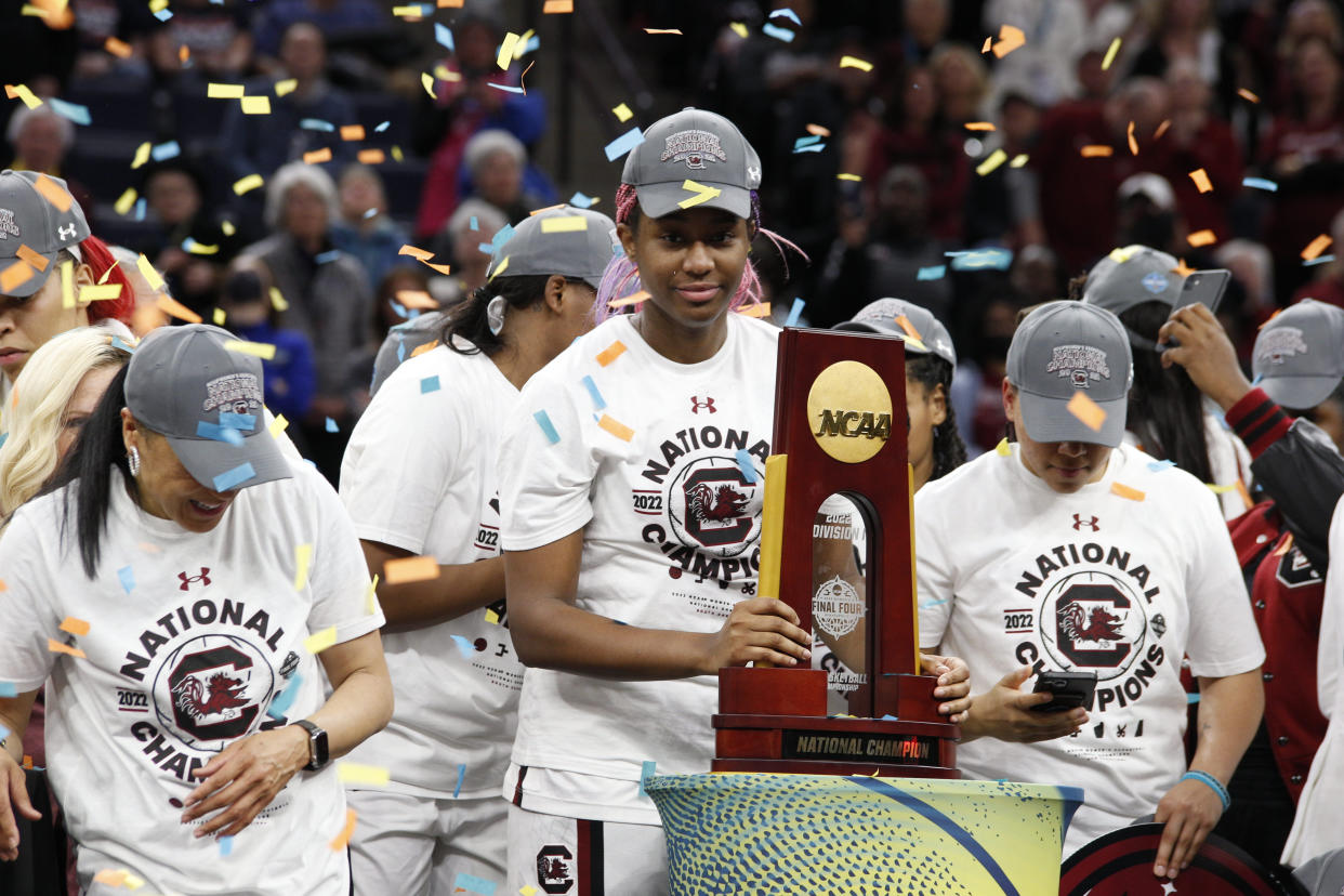 MINNEAPOLIS, MN - APRIL 03: South Carolina Gamecocks forward Aliyah Boston (4) celebrates winning the championship during the Women's Final Four Championship game between the Connecticut Huskies and the South Carolina Gamecocks on April 3rd, 2022, at Target Center in Minneapolis, MN.(Photo by Bailey Hillesheim/Icon Sportswire via Getty Images)