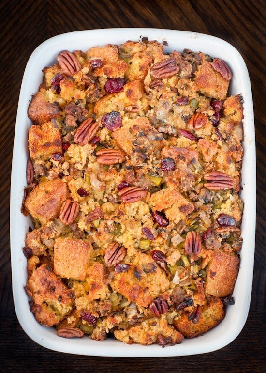 <strong>Get the <a href="http://cafejohnsonia.com/2013/11/gluten-free-cornbread-sausage-stuffing-leeks-pecans-cranberries.html" target="_blank">Cornbread Sausage Stuffing with Leeks, Pecans, and Dried Cranberries recipe</a> from Cafe Johnsonia</strong>