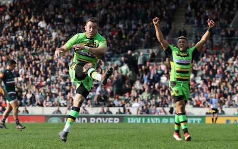 Stephen Myler clears the ball to touch to allow Northampton to start their celebrations - Credit: Getty Images