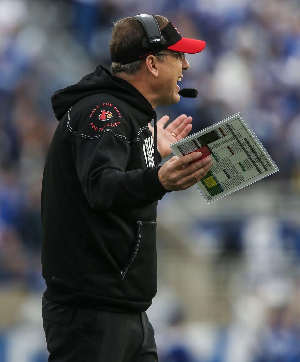 Louisville head coach Scott Satterfield yells at the officiating in the first half in Saturday's Governors Cup college football game. Nov. 26, 2022.  