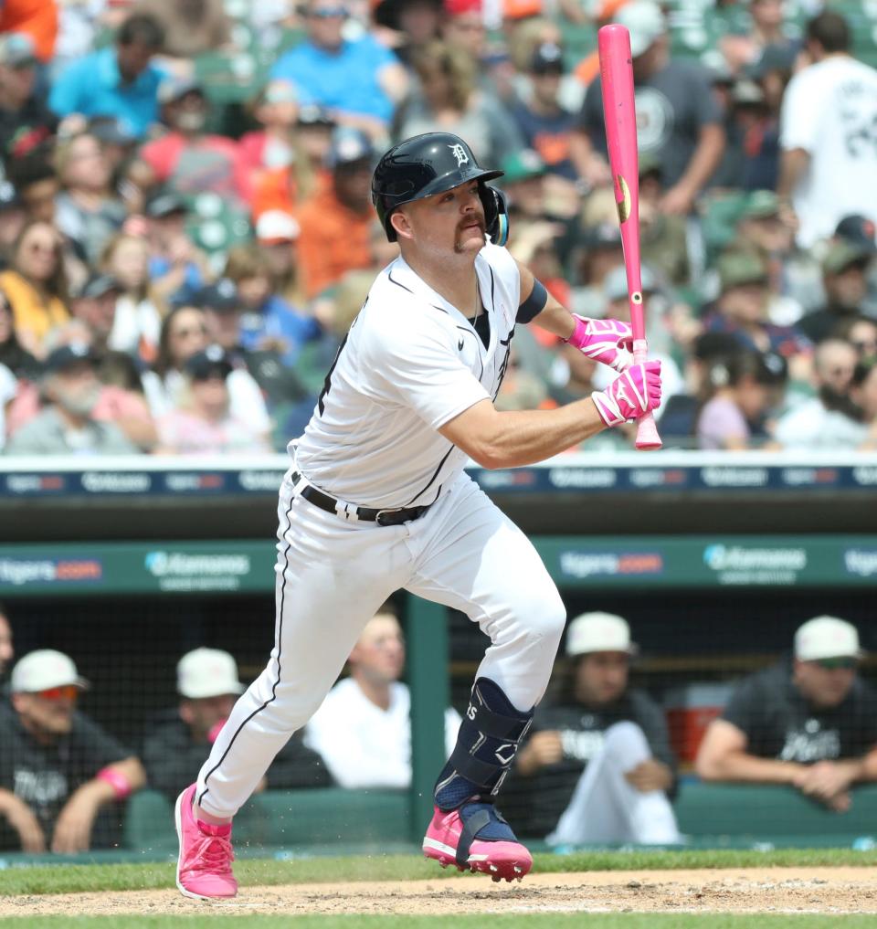 Detroit Tigers catcher Jake Rogers (34) doubles against Seattle Mariners starting pitcher Logan Gilbert (36) during fifth-inning action at Comerica Park in Detroit on Sunday, May 14, 2023.