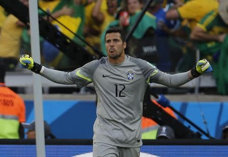 Brazil's goalkeeper Julio Cesar celebrates after the penalty shootout at the 2014 World Cup round of 16 game between Brazil and Chile at the Mineirao stadium in Belo Horizonte June 28, 2014. REUTERS/Sergio Perez